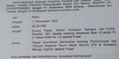 Beredar Surat Undangan Bahas Reuni Akbar 212, Ini Penjelasan Pemprov DKI