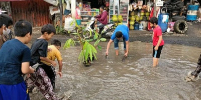 Protes, Warga Ciapus Sulap Jalan Rusak Jadi Kolam Lele