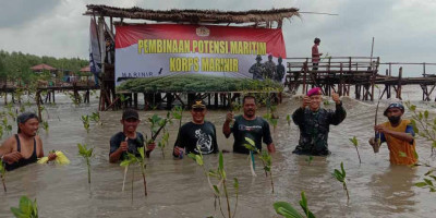 Bersama Masyarakat, Marinir Tanam Mangrove di Karawang