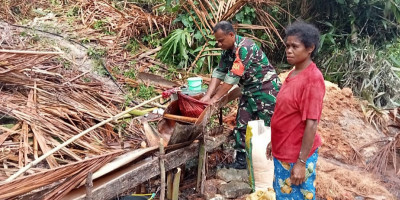 Bentuk Perhatian kepada Warga, Babinsa Biak Barat Bantu Proses Pengolahan Sagu