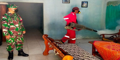 Cegah Demam Berdarah, Babinsa Kanigoro Dampingi Fogging Massal