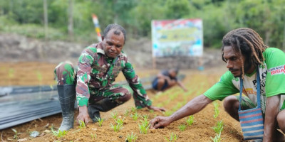 Jaga Kesuburan, Satgas TMMD Ke-123 dan Warga Bersihkan Gulma di Lahan Sayur