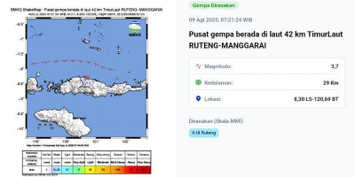 Gempa Bermagnitudo 3,7 Guncang Timur Laut Ruteng