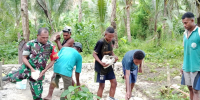 Semangat Gotong-Royong, Babinsa Biak Barat Bantu Bangun Pondasi Rumah Warga