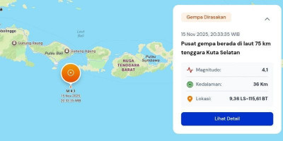 Gempa M 4,1 Guncang Tenggara Kuta Selatan