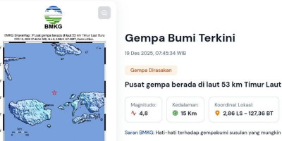 Gempa Magnitudo 4,8 Guncang Perairan Timur Laut Buru