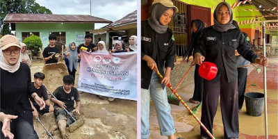 Mahasiswa FUAD IAIN Langsa dan TNI Gotong Royong Bersihkan Sekolah Pascabanjir