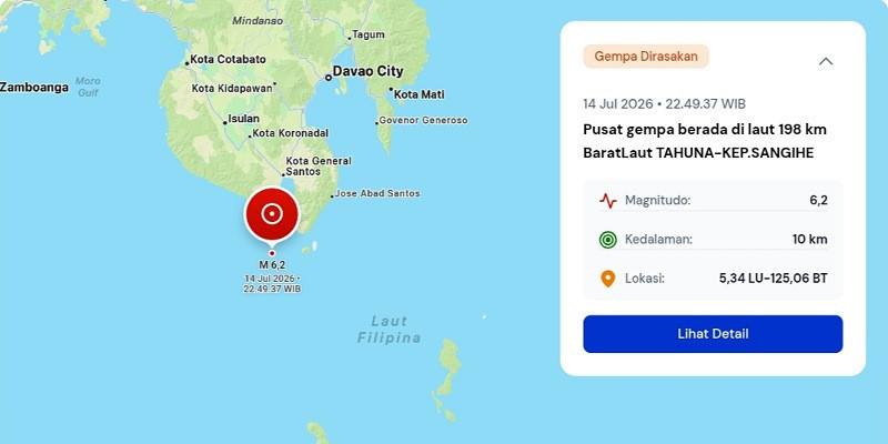 Gempa Magnitudo 6,2 Guncang Laut Barat Laut Tahuna